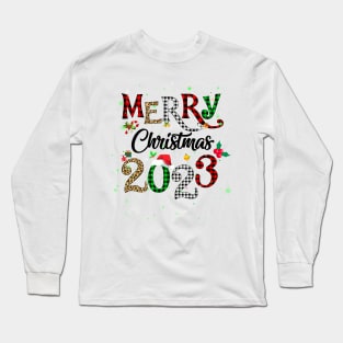 Merry Christmas 2023 Leopard Buffalo Plaid Red Green Xmas Long Sleeve T-Shirt